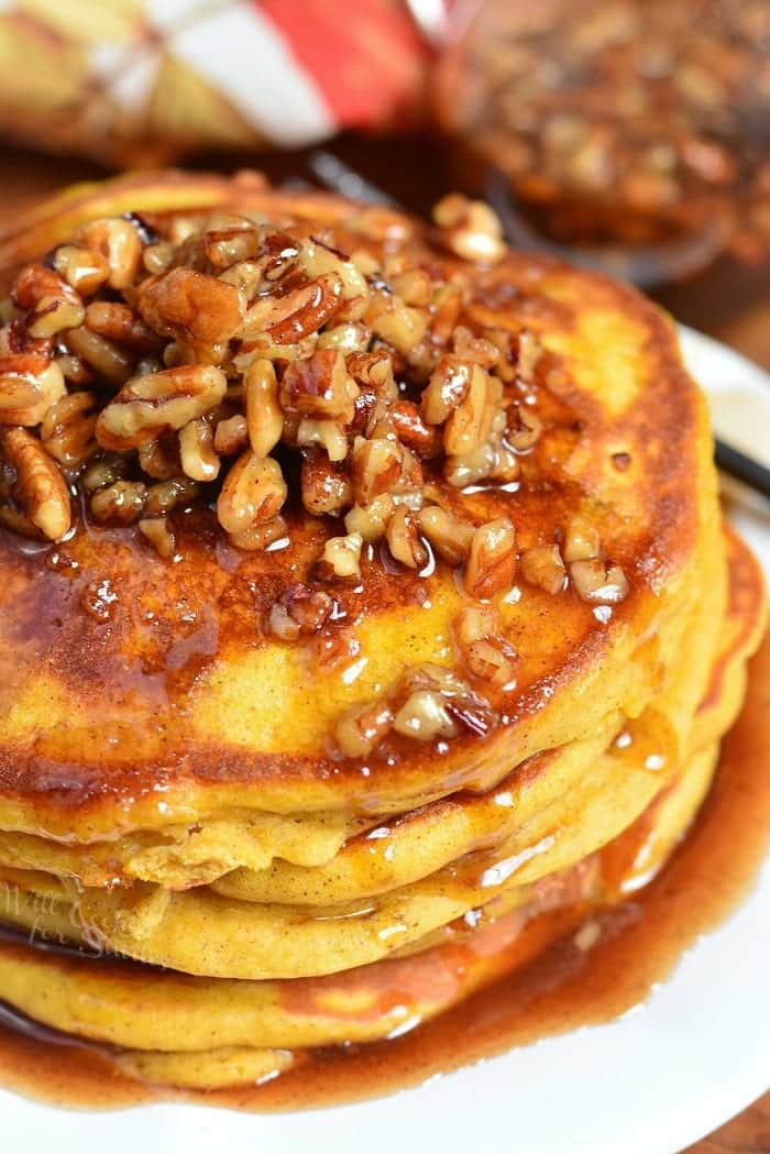 PUMPKIN PANCAKES WITH BUTTERED PECAN MAPLE SYRUP