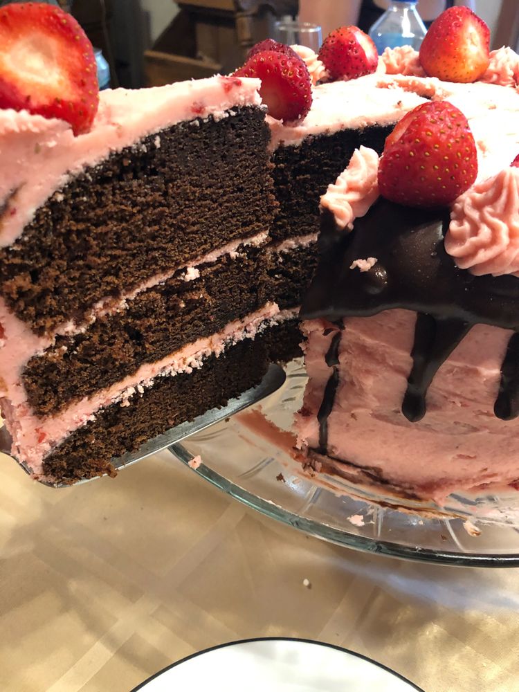 CHOCOLATE KAHLUA CAKE WITH STRAWBERRY BUTTERCREAM FROSTING
