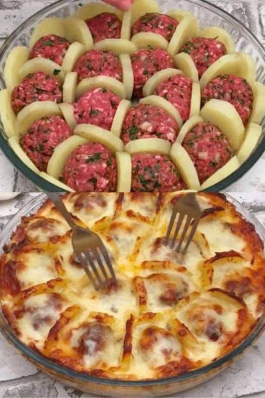 Boil Potatoes And Slice Them. Arrange With Meatballs And Cheese And Bake For A Delicious French Treat