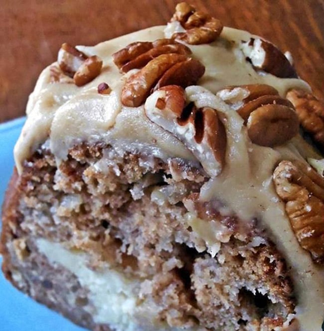APPLE AND CREAM CHEESE BUNDT CAKE WITH CARAMEL PECAN TOPPING