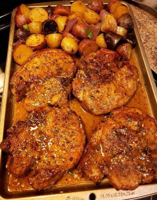 Sheet pan pork chops with multi colored potatoes & red onion !