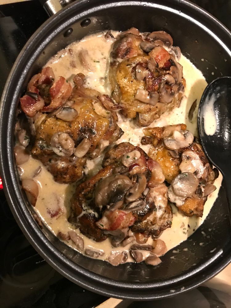 CHICKEN THIGHS WITH CREAMY BACON MUSHROOM THYME SAUCE 30