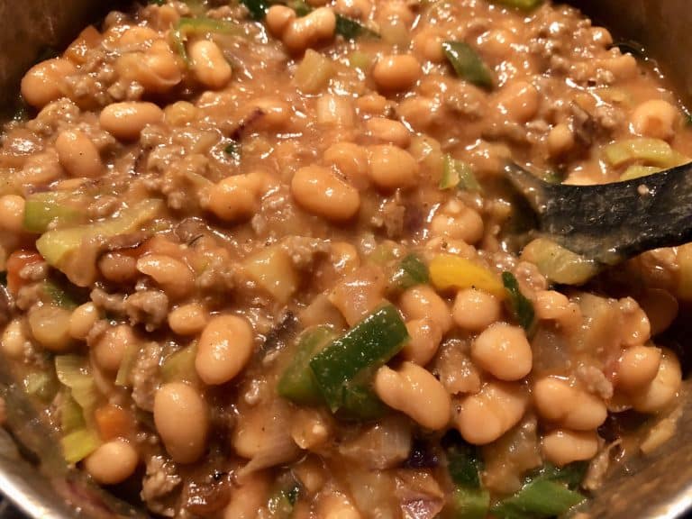 Protein packed leftover ground beef and beans in tomato sauce.