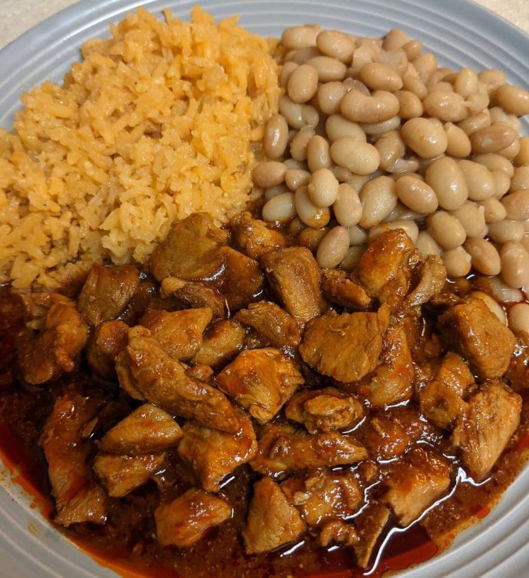 Chile Colorado with rice & beans plate￼￼