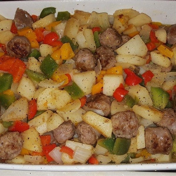 Onion, Pepper and Sausage Bake
