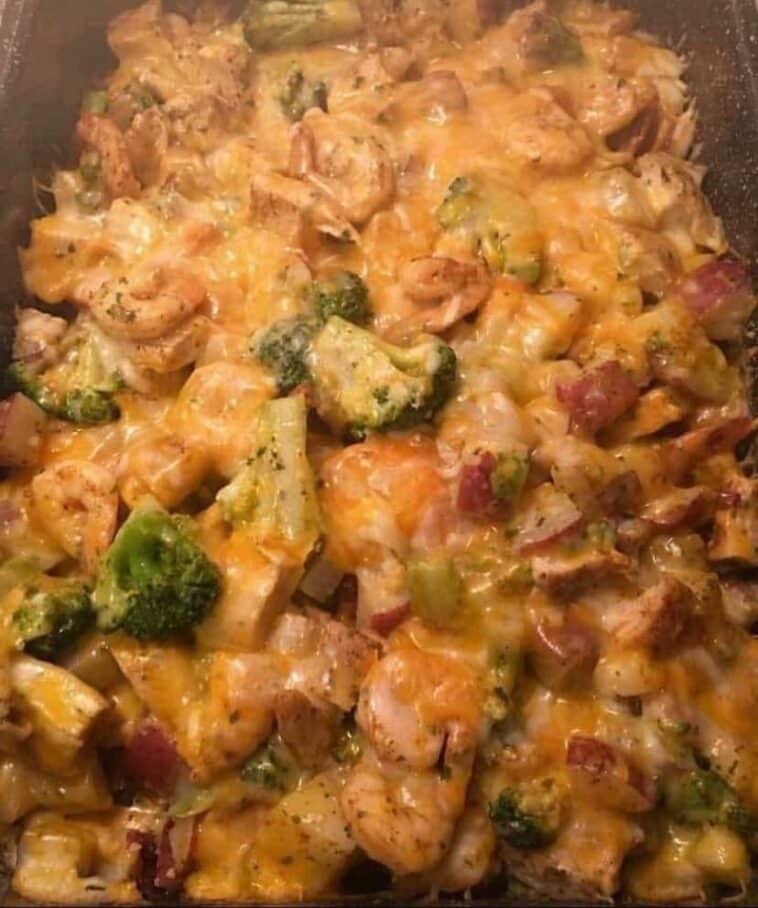 Chicken, fried shrimp, red leather potatoes, broccoli and cheese mix 3!