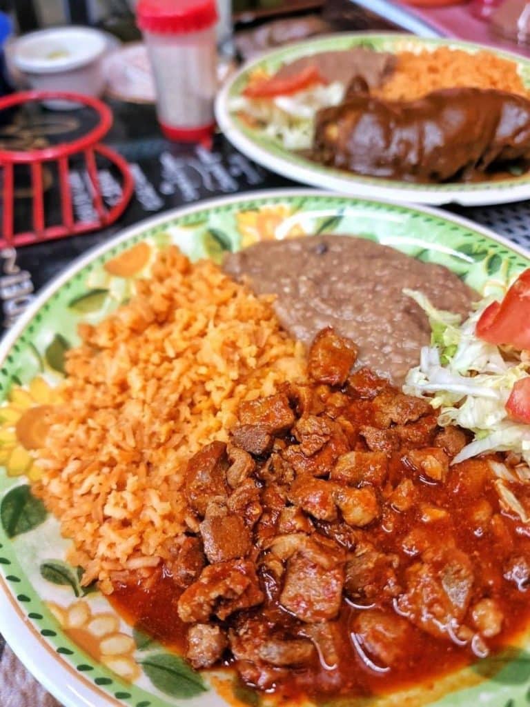 Chile Colorado with rice & beans plate