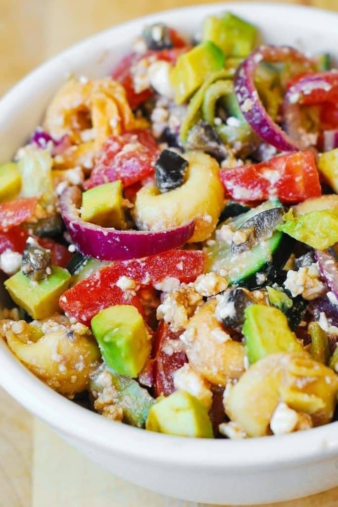 Greek Tortellini Salad with Tomatoes, Avocados, Cucumbers, and Feta Cheese