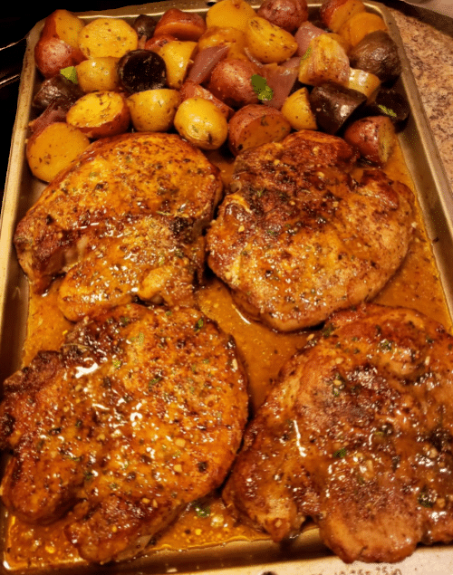PORK CHOPS WITH MULTI COLORED POTATOES && RED ONION!