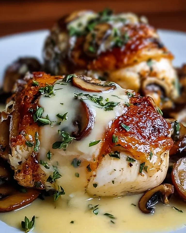 Savory Cheese and Mushroom Stuffed Chicken with Garlic Butter Sauce