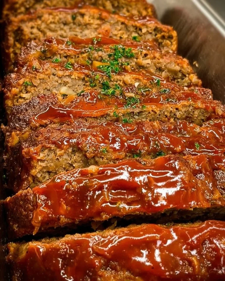 Deliciously prepared meatloaf served on a plate with fresh herbs and vegetables