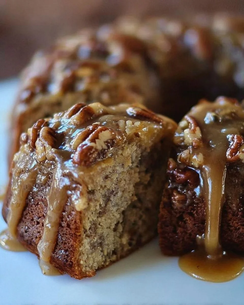Slice of Apple Pecan Cake with Caramel Glaze on a wooden table