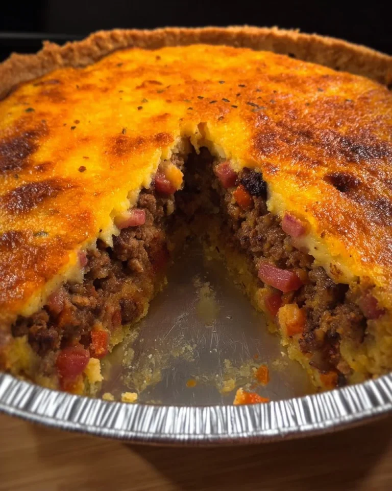 Delicious Bacon Cheeseburger Pie topped with melted cheese and crispy bacon