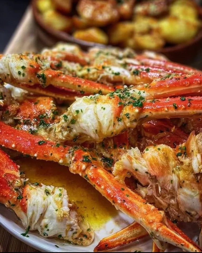 Baked crab legs dipped in rich butter sauce served on a plate
