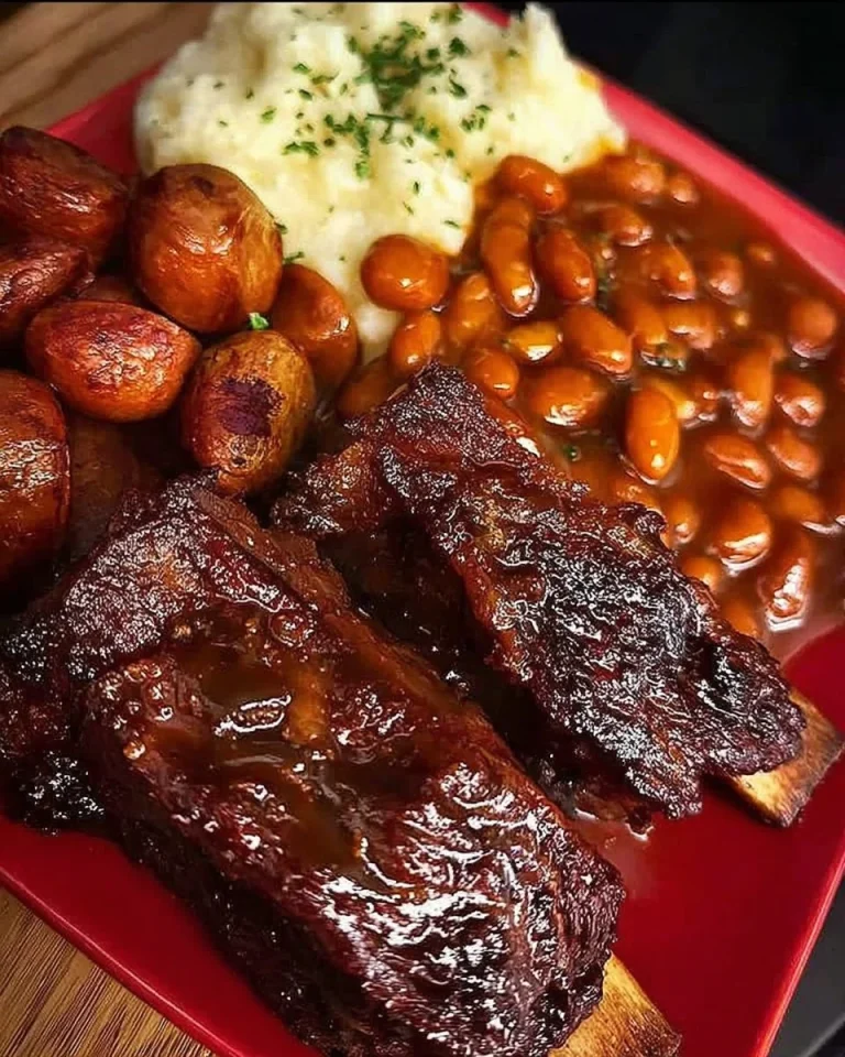 Delicious beef short ribs served with rich gravy on a plate.