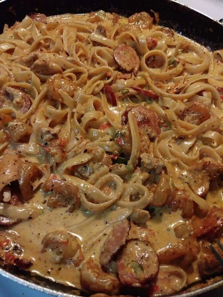 Delicious Cajun Shrimp Pasta with Sausage served in a bowl