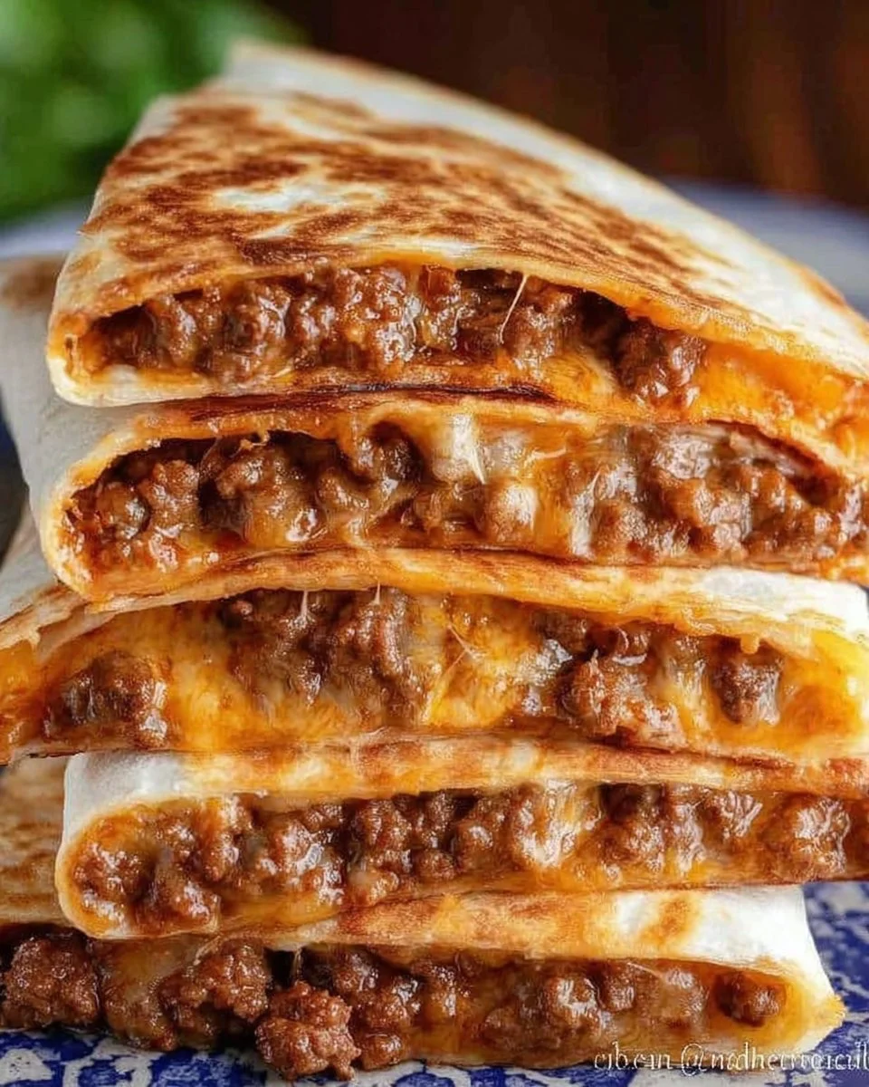 Delicious cheesy ground beef quesadillas on a plate ready to be served.