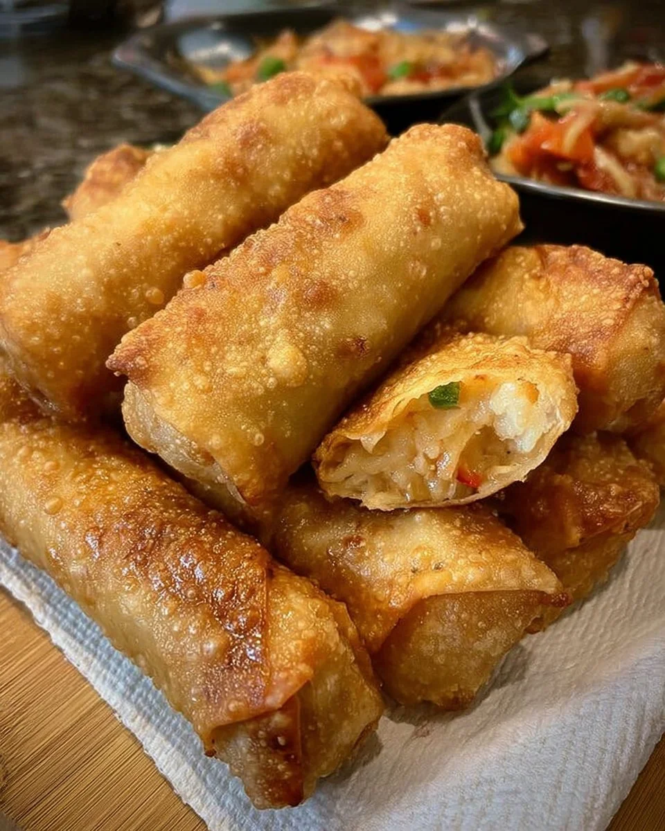 Crispy crab rangoon egg rolls served with dipping sauce