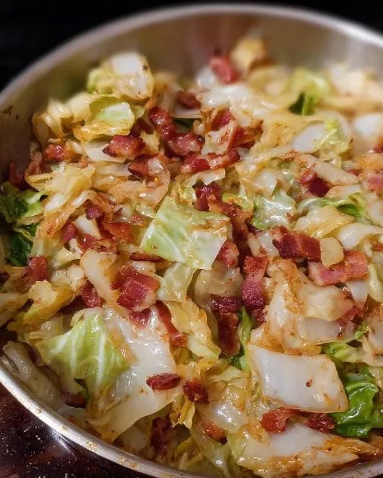 Plate of fried cabbage with bacon, onion, and garlic garnished with herbs.