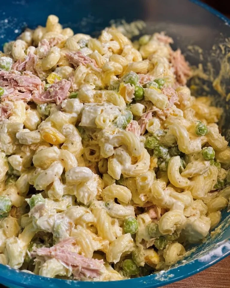 Bowl of Grandma's Tuna Macaroni Salad with colorful vegetables
