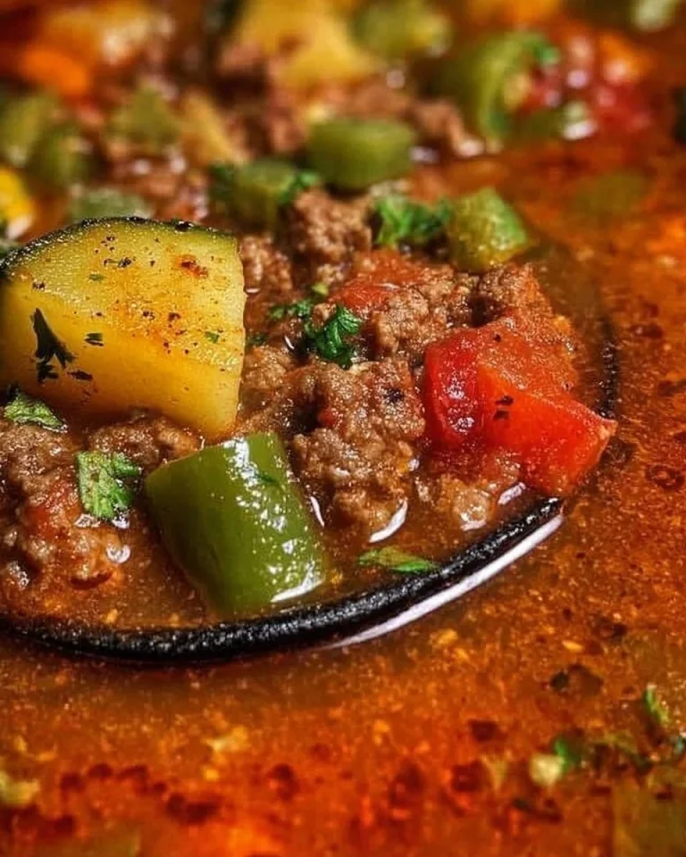 Bowl of hearty Hamburger Vegetable Soup garnished with fresh herbs
