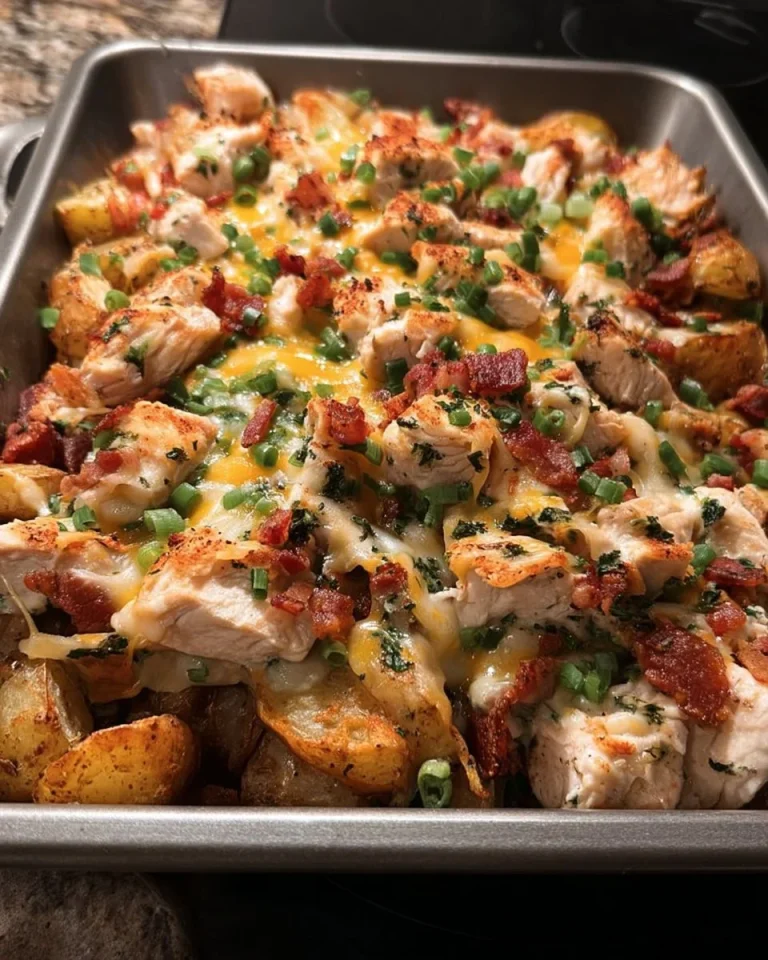 Loaded Baked Potato & Chicken Casserole in a baking dish