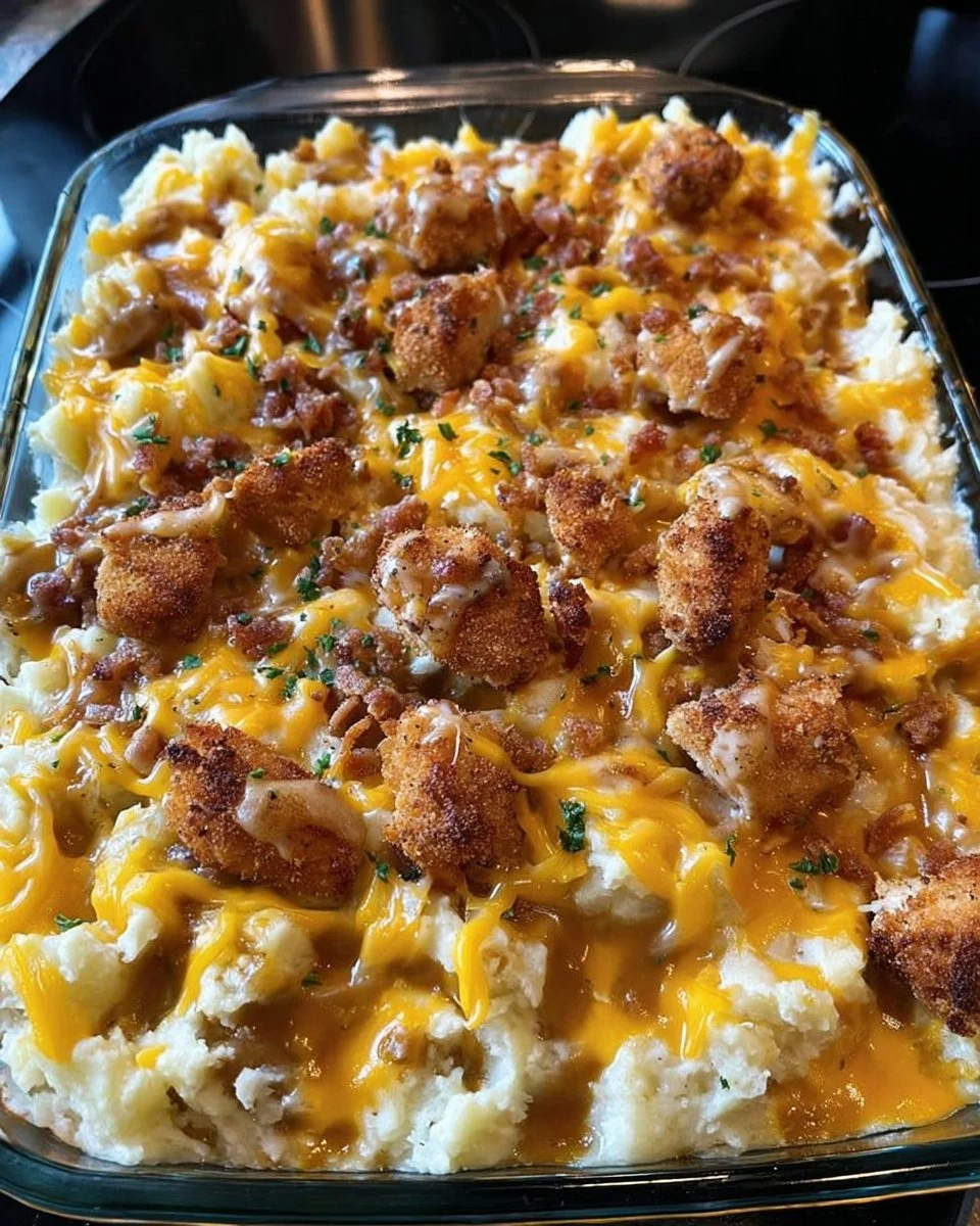 Mashed potato casserole topped with crispy chicken, ready to serve.