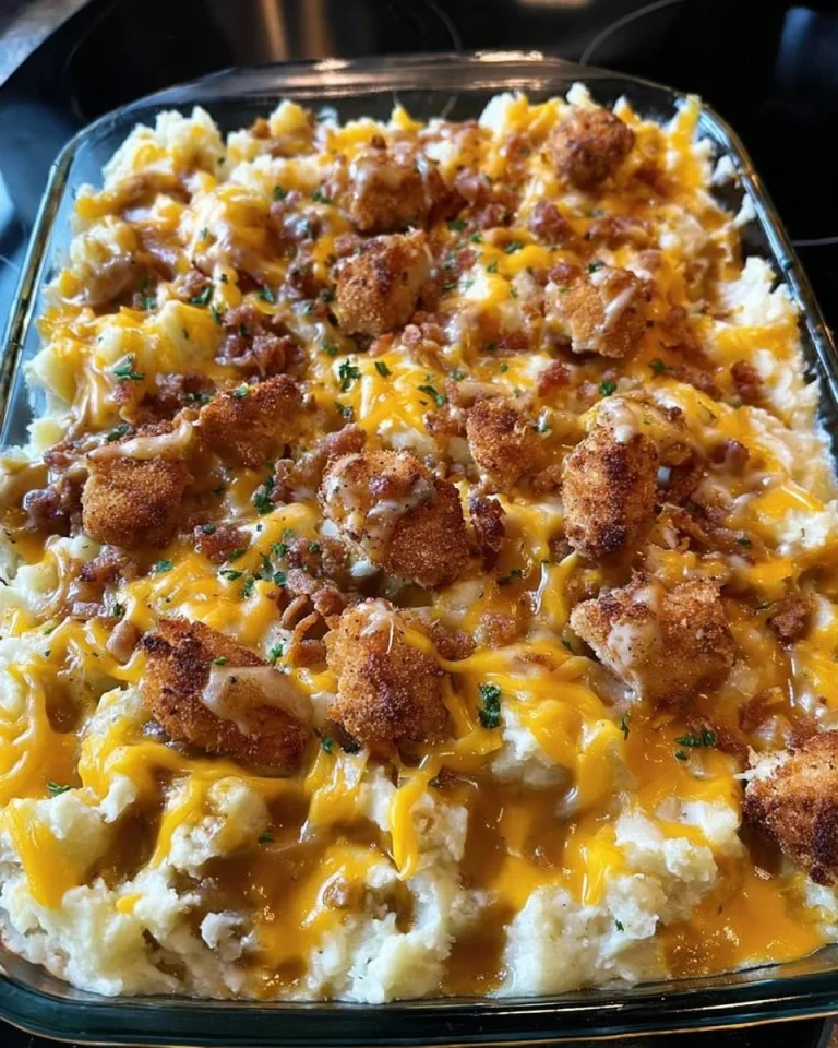 Delicious mashed potato casserole topped with crispy chicken, perfect for family dinners.