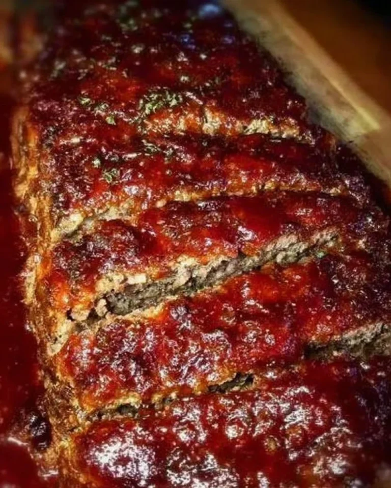 Delicious old fashioned meatloaf served with mashed potatoes and green beans