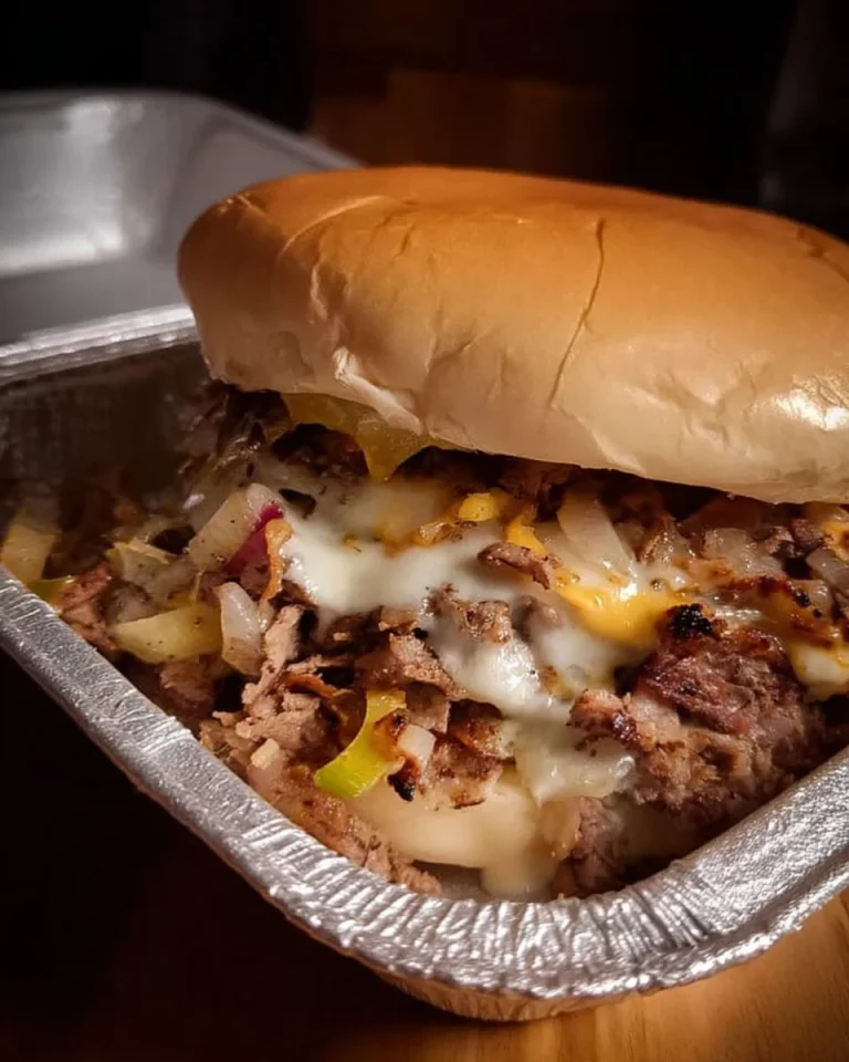 Philly cheesesteak cheeseburger topped with cheese and peppers