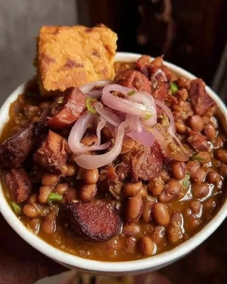 A bowl of pinto beans with ham hocks, served with cornbread and pickled onions.