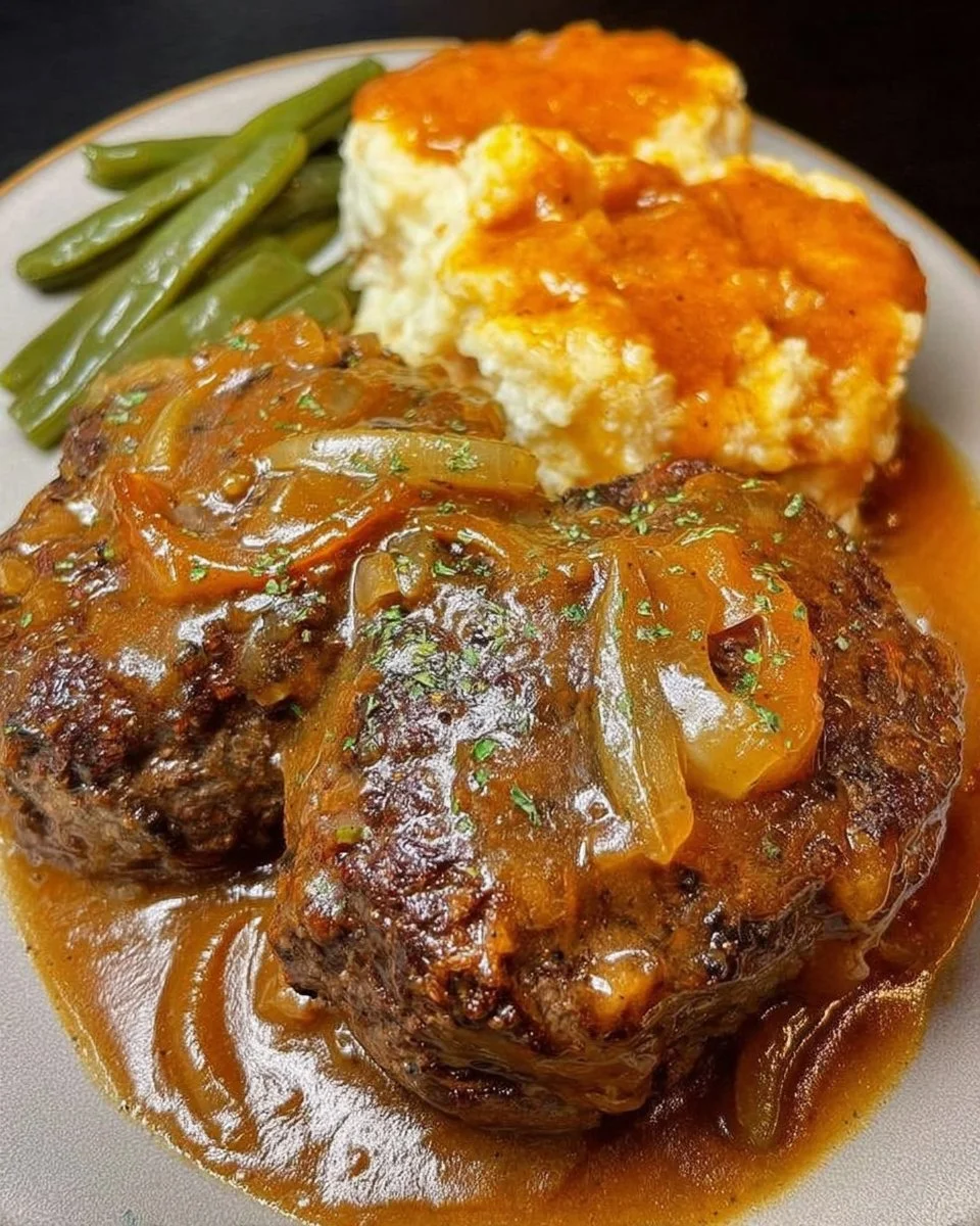 Salisbury steak served with rich onion gravy on a plate