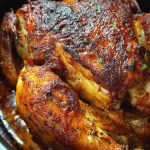 Delicious slow cooker rotisserie chicken ready to serve, golden and seasoned.