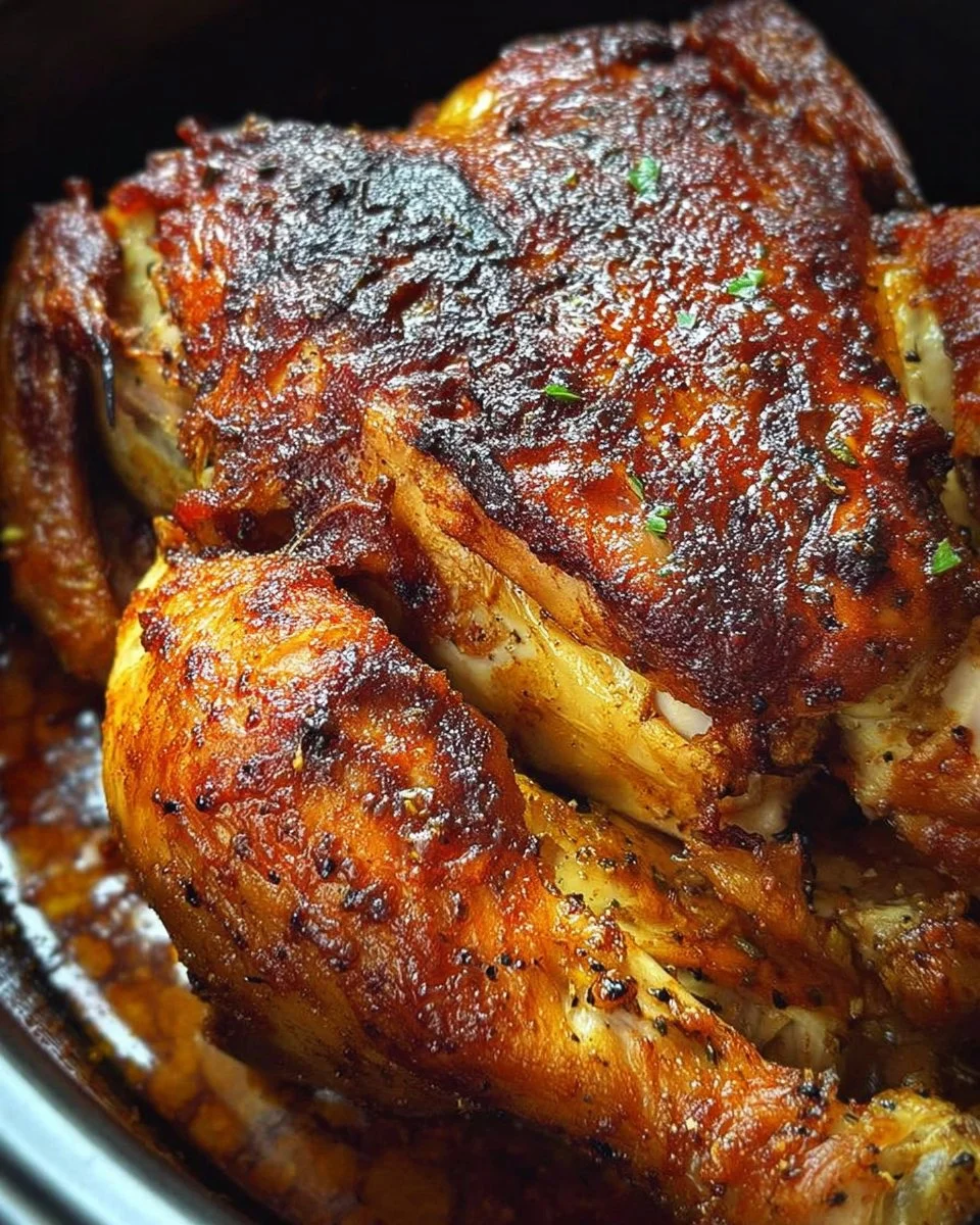 Slow Cooker Rotisserie Chicken served with fresh herbs and sides.