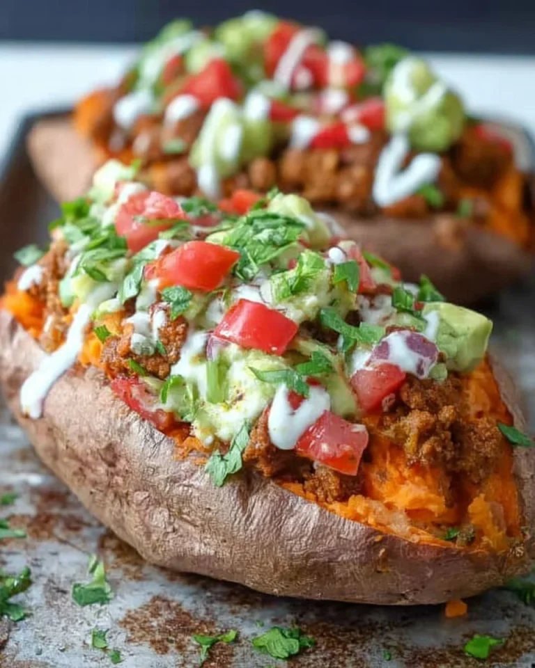 Taco stuffed sweet potatoes topped with cheese, sour cream, and fresh toppings