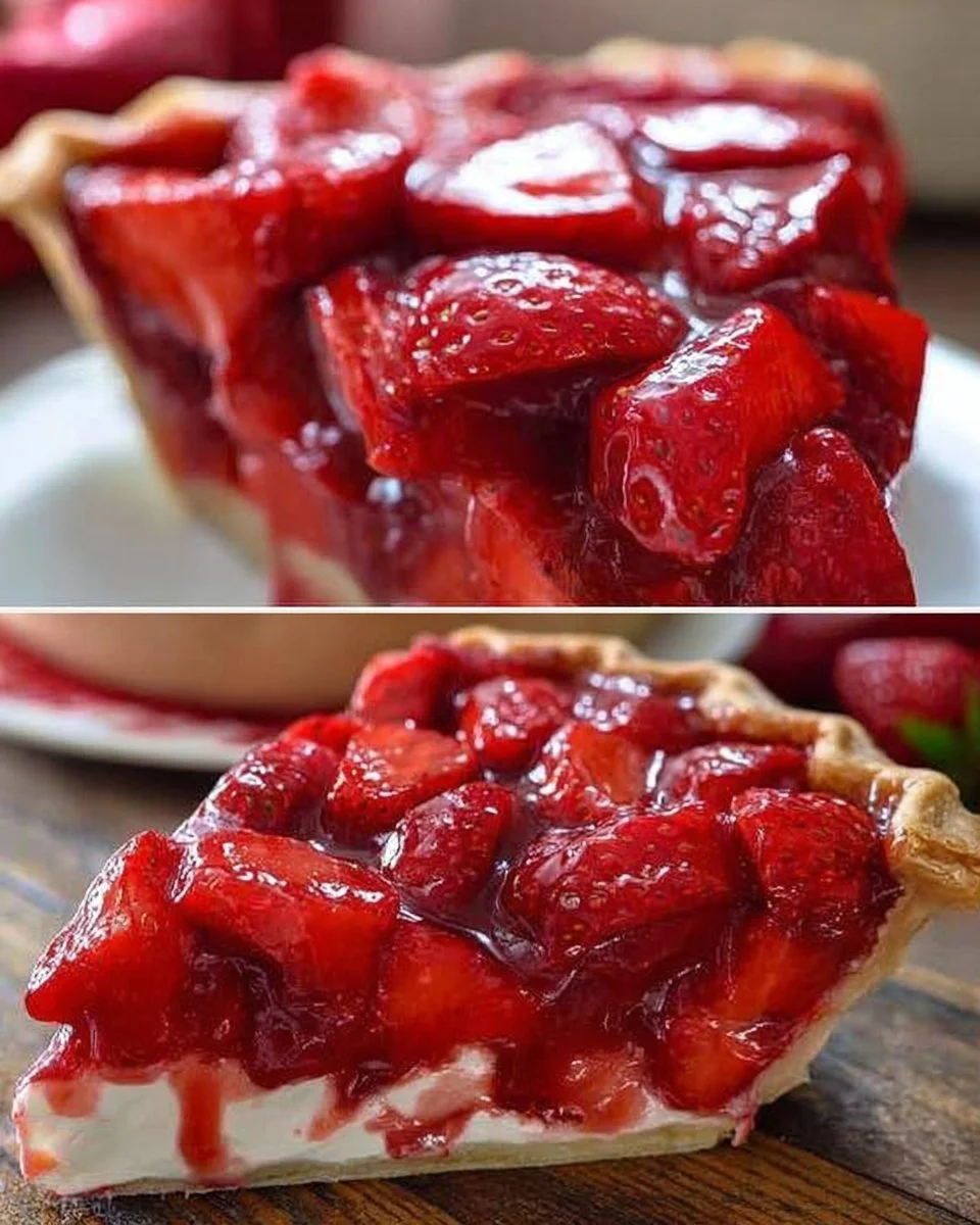 A delicious slice of fresh strawberry pie topped with whipped cream